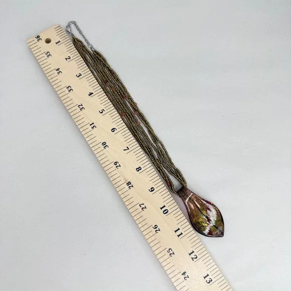 Dichroic Glass Teardrop Pendant Necklace Multi Strand Bronze Seed Beads - Picture 8 of 10